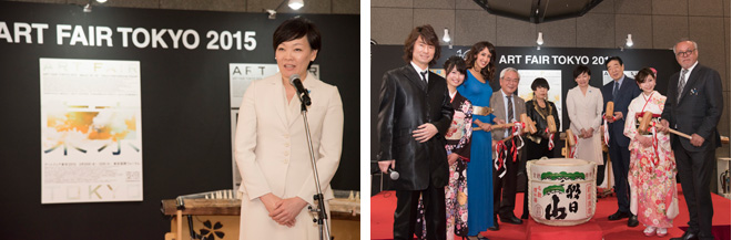 オープニングセレモニーには内閣総理大臣夫人・安倍昭恵さんが列席。列席者全員による恒例の鏡開き（右）。