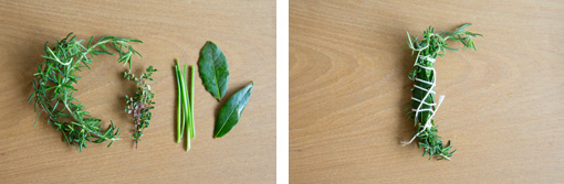 左から、ローズマリー、タイム、パセリ、月桂樹。パセリは茎の部分だけを使います。月桂樹の葉で他のハーブをサンドするように束ね、タコ糸を巻き付けてまとめます。