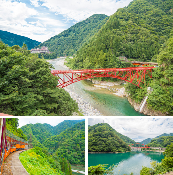 富山の宇奈月温泉駅から出発する黒部峡谷トロッコ電車。日本一の深さを誇る峡谷を走ります。