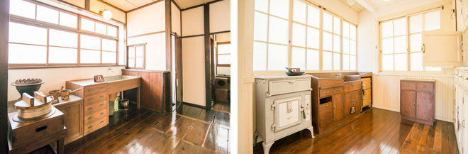 台所は時代とともに変遷が顕著。常盤台写真場（左）は、大きなお釜が印象的な和風。田園調布の家（右）は、オーブンや冷蔵庫もある洋風。
