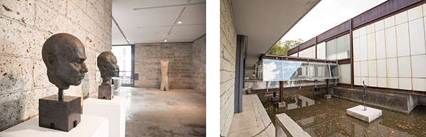 左：彫刻室に展示されている作品。右：平家池にも作品が置かれている。
