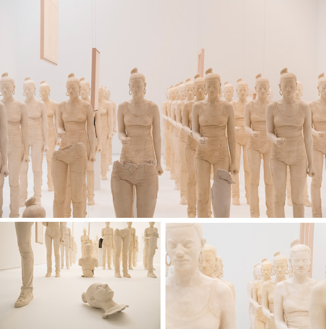 「レベッカ」（2012・石川コレクション〈岡山〉）。16歳のレベッカは、2011年のロンドンの暴動で逮捕された貧困層の若者。更生プログラムの一環として、中国を訪れた際に兵馬俑を訪れ、古代の大量生産を目にする。そのレベッカの全身を型取りした石膏像は、現在まで130体あまり制作されている。