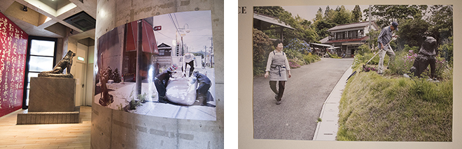 忠犬ハチ公像の一体は、警戒区域の境界線上の福島県南相馬市の鈴木さんの家で暮らしており、会場ではその光景が映像で流されている。