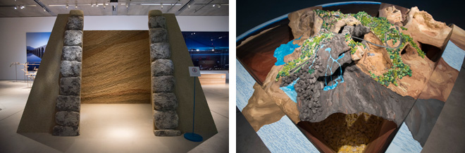 （左）「土木の行為 つく：山」。（右）「土木の行為　ほる：地質学」康 夏奈（吉田夏奈）。島のそこかしこ掘られたトンネルを覗くと島の地層の様子を見ることができる。（左）「土木の行為 つく：山」。（右）「土木の行為　ほる：地質学」康 夏奈（吉田夏奈）。島のそこかしこ掘られたトンネルを覗くと島の地層の様子を見ることができる。