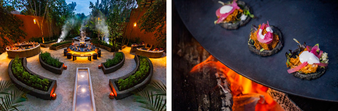 （左）マヤ族伝統の食事「HAAB」。HAABとはマヤ族の暦で、マヤの気高い食文化を体験できる最新のダイニングイベント。 （右）日没からジャングルに入り、マヤの儀式と共に食事が出される。マヤ族の故郷でのミステリアスな体験。 