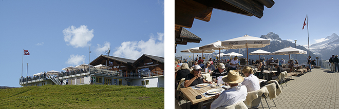 （左）開放的なパノラマテラスを設えたフィルスト山岳レストラン　 （右）陽の光が明るく降り注ぐレストランのサンテラス