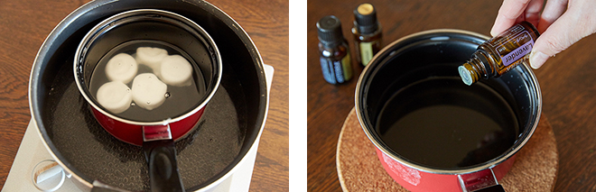 芯を除いたキャンドルを湯せんで溶かした後（左）、エッセンシャルオイルを数滴垂らして香りづけする（右）。