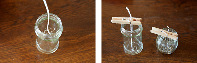 キャンドルの芯がまっすぐになるよう、先端はおもり代わりのゼムクリップをつけ（左）、 逆側は、割りばし、木製クリップなどで固定する（右）。