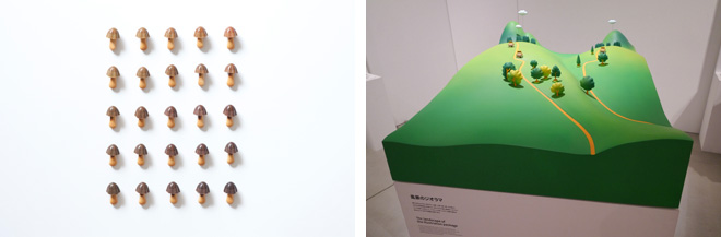 （左）「〈きのこの山〉色の検証」（photo：淺川 敏） （右）「風景のジオラマ」。パッケージの里山風景をジオラマで表現（photo：加藤 純） 