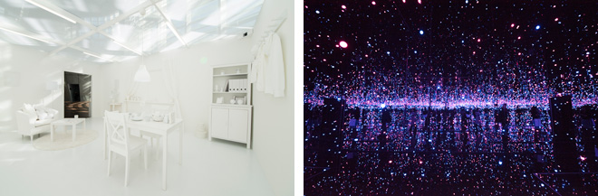 体験型展示では鑑賞者自らが作品の一部になるような感覚を体験できる。（左）「生命の輝きに満ちて」（2017）。鏡の間で無数にきらめく小さな光を体験。（右）「オブリタレーションルーム」。真っ白い部屋に水玉のシールを手にして入るとカラフルな色彩で埋まる。